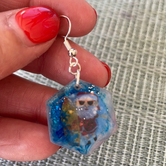 XMAS Handmade Festive Small Holiday Vibes Earrings Blue hexagon - Picture 6 of 13